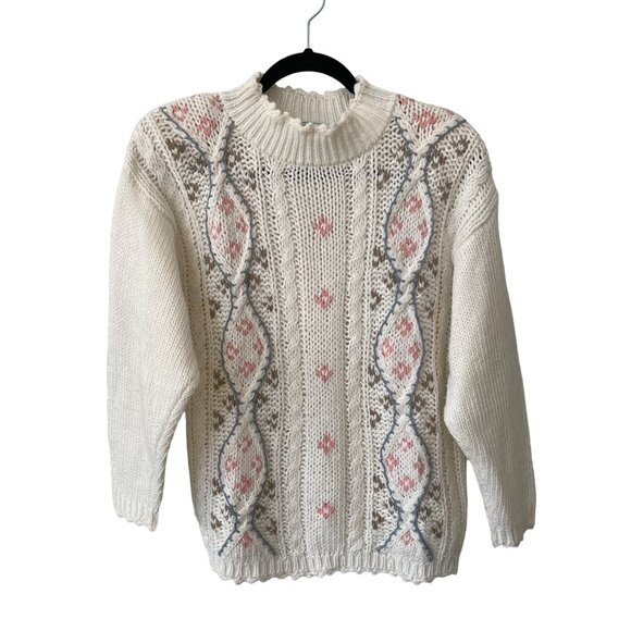 Vintage 80s Cable Knit Pullover Sweater Womens Medium White Grannycore Coquette - Picture 1 of 6